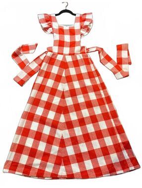 1970s Orange Checker Pinafore Dress • Thick Woven Fabric Women’s Small fall